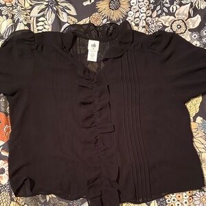 CAbi Black Ruffle Pintuck Short-Sleeve Blouse